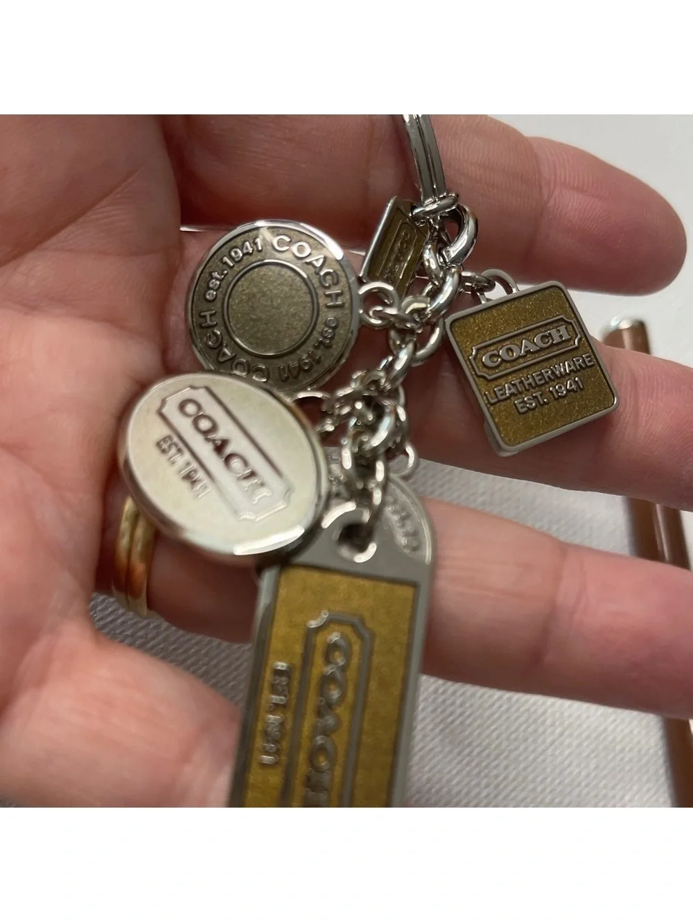 Coach Silver and Brown Logo Charms Keychain & Matching Pen NIP